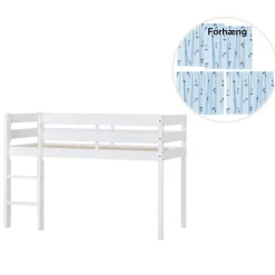 Hoppekids ECO Comfort halvhøj seng hvid, med forhæng blå-Børn Pakkeløsninger|Juniorsenge