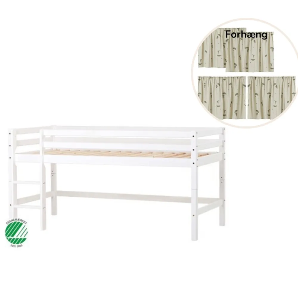 Hoppekids ECO Dream Halvhøj seng (delbar) hvid 90x200, med forhæng grøn-Børn Pakkeløsninger|Juniorsenge