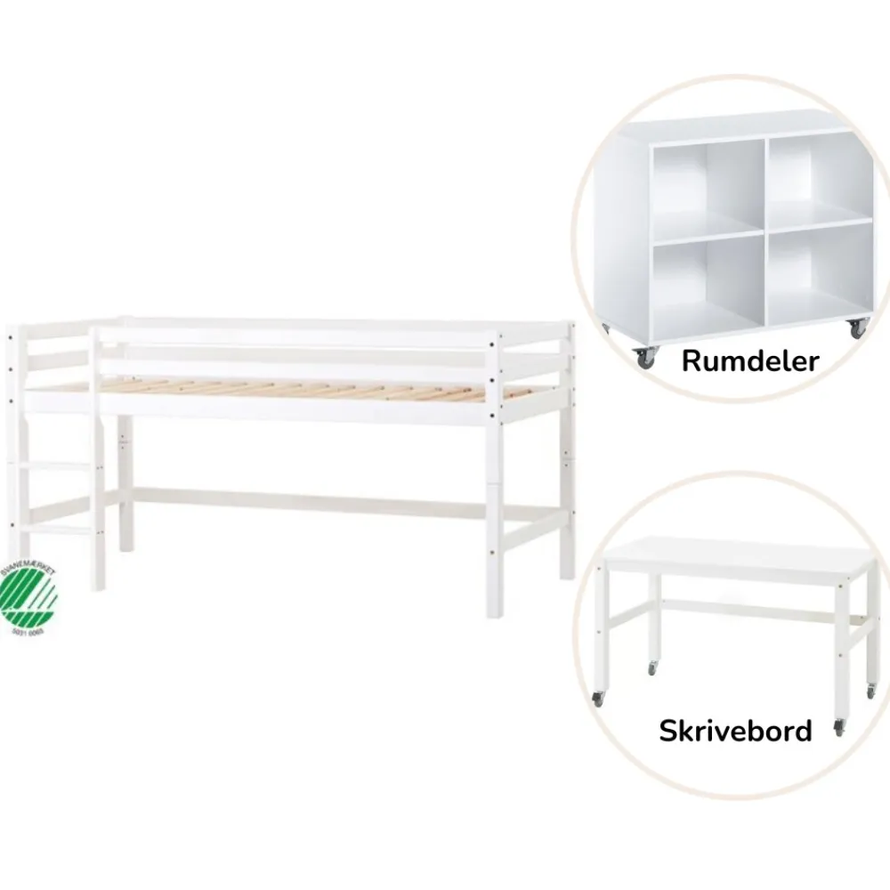 Hoppekids ECO Dream Halvhøj seng (delbar) hvid, med rumdeler og skrivebord-Børn Pakkeløsninger|Reoler
