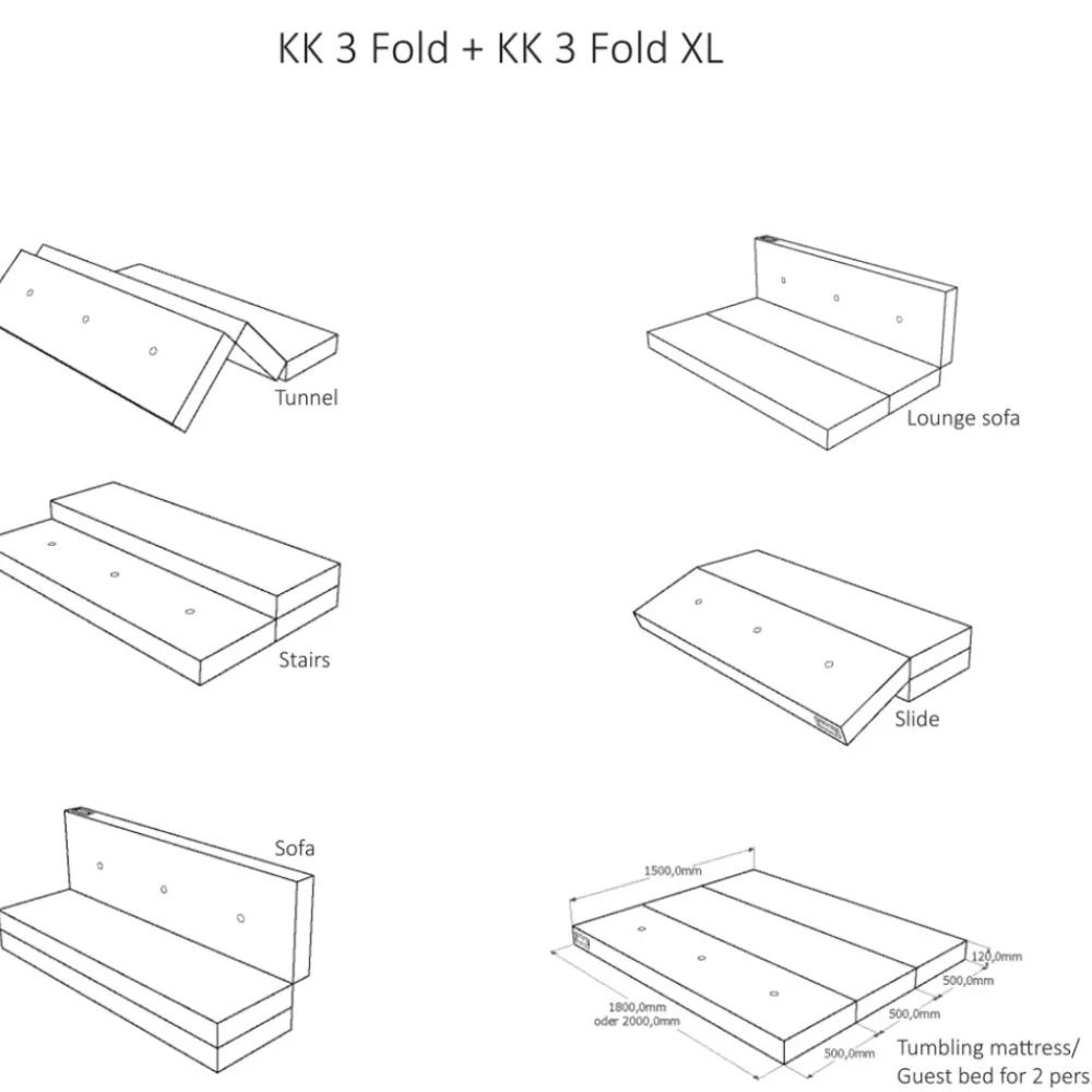 By KlipKlap Foldemadras - 3 fold XL, lysegrå/mørkegrå knap-Børn Tumlemøbler