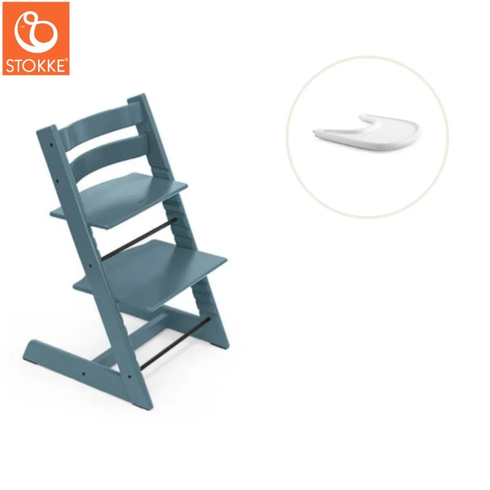 Stokke® / Tripp Trapp® Højstol inkl. tray - fjord blå/hvid-Børn Højstole Med Tilbehør