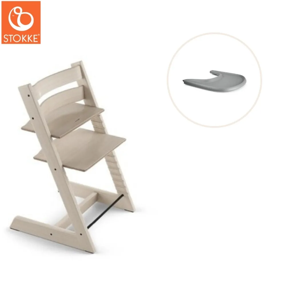Stokke® / Tripp Trapp® Højstol inkl. tray - whitewash/grå-Børn Højstole Med Tilbehør