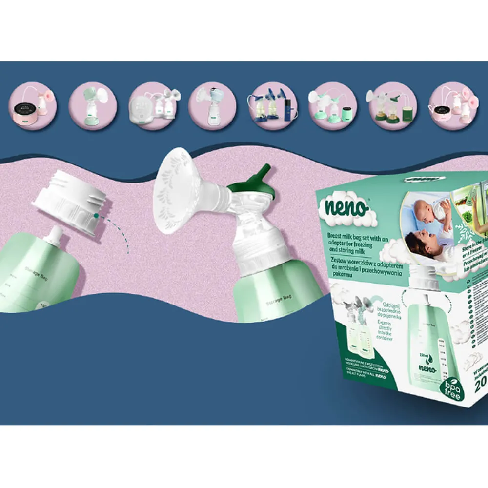 NENO Opbevaringsposer brystmælk 20 poser + adapter- Madopbevaring|Brystpumper