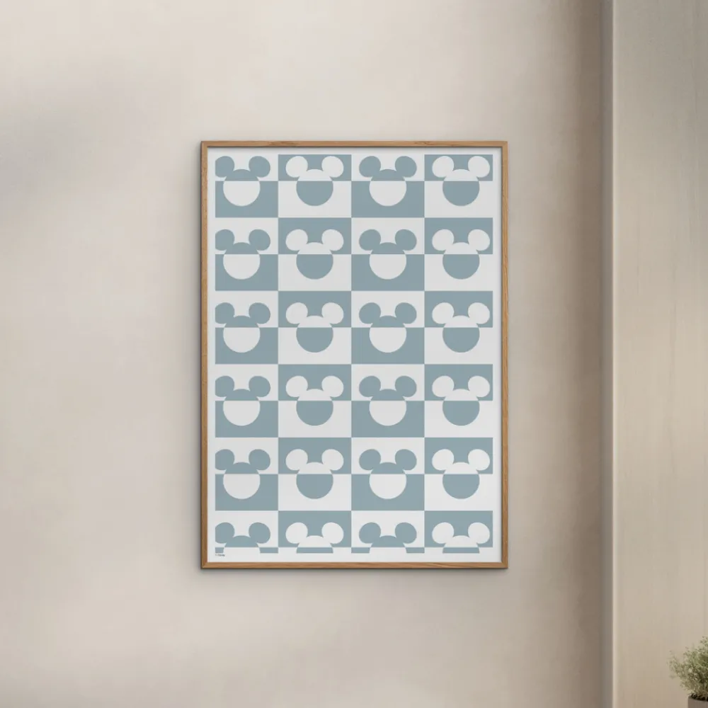 Poster & Frame Plakat - Mickey Mouse blåt og hvidt mønster A3-Børn Plakater