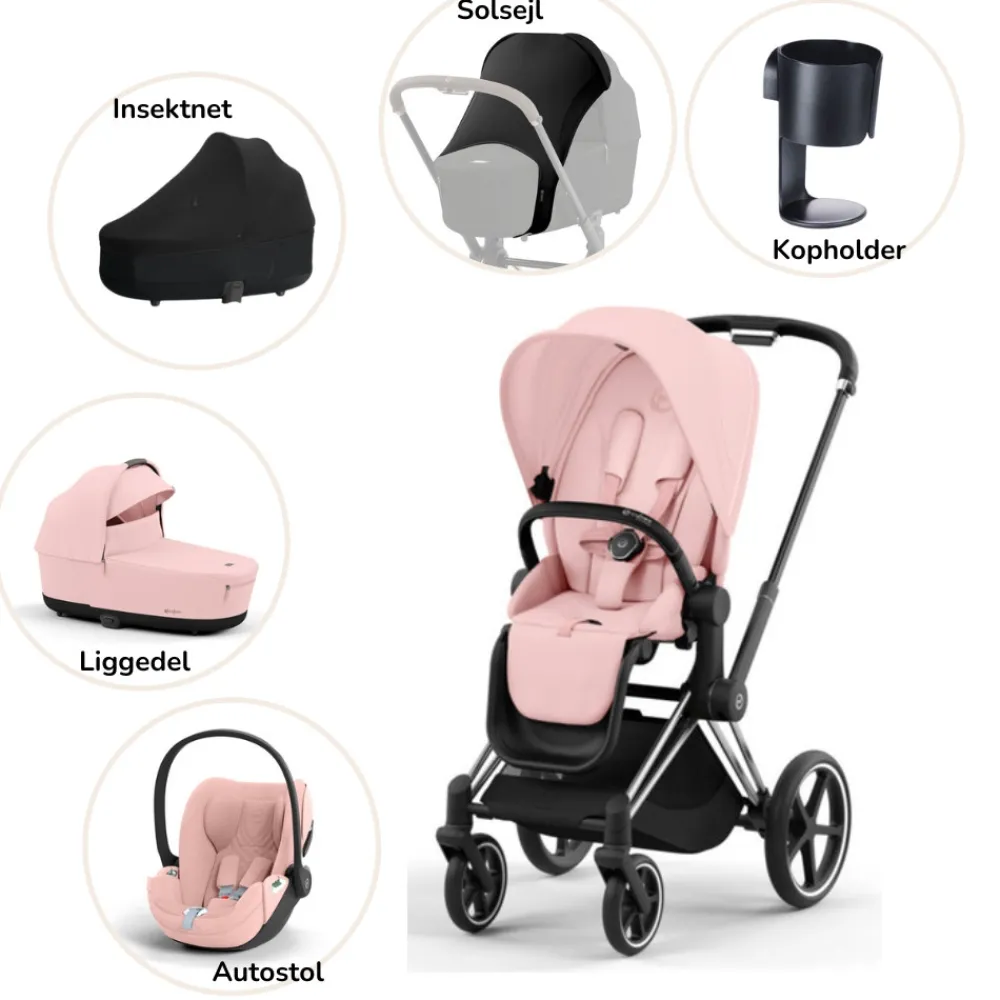 Cybex Priam pakke - peach pink/chrome black PLUS- Kombivognspakker