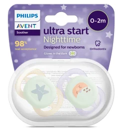 Philips Avent Sut, Ultra Start Night 0-2mdr.2 pk, l.lilla, beige- Sutter